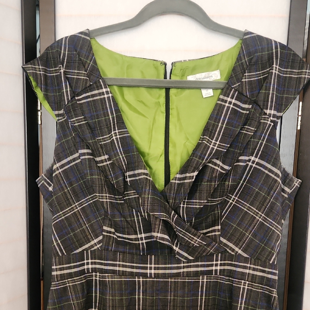 Stunning Plaid, Ruffle Front Dress with Green Lining
